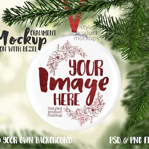 Button Christmas ornament with bezel and ribbon mockup | Add your own image and background