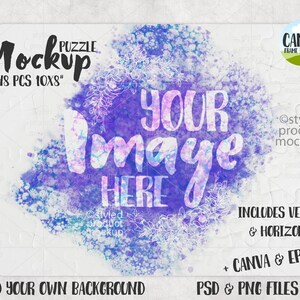 May include: A white jigsaw puzzle mockup with a watercolor background in shades of purple, blue, and pink. The puzzle is 48 pieces and measures 10x8 inches. The text "YOUR IMAGE HERE" is superimposed on the background. The text "CANVA FRAME INCLUDED" is in a circle in the upper right corner.