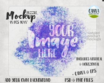 May include: A white jigsaw puzzle mockup with a watercolor background in shades of purple, blue, and pink. The puzzle is 48 pieces and measures 10x8 inches. The text "YOUR IMAGE HERE" is superimposed on the background. The text "CANVA FRAME INCLUDED" is in a circle in the upper right corner.