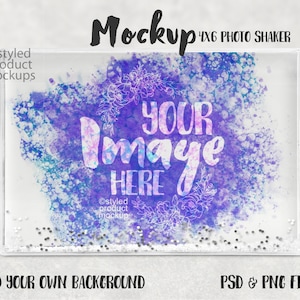 Puede incluir: Un marco de fotos transparente de plástico con un marco de fotos de 10,2 x 15,2 cm. El marco contiene un fondo de acuarela con un diseño floral y el texto "Your Image Here". El agitador está lleno de purpurina plateada.