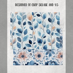 Puede incluir: Dos patrones de acuarela con dise&ntilde;os florales y de hojas en tonos azules, melocot&oacute;n y blanco. El patr&oacute;n superior presenta hojas azules y acentos melocot&oacute;n. El patr&oacute;n inferior muestra flores melocot&oacute;n y azules. El texto "DESIGNED TO CROP SQUARE AND 4:5" est&aacute; en la parte superior.