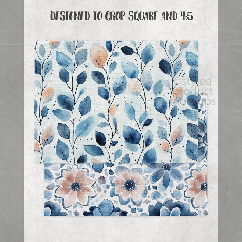 Puede incluir: Dos patrones de acuarela con dise&ntilde;os florales y de hojas en tonos azules, melocot&oacute;n y blanco. El patr&oacute;n superior presenta hojas azules y acentos melocot&oacute;n. El patr&oacute;n inferior muestra flores melocot&oacute;n y azules. El texto "DESIGNED TO CROP SQUARE AND 4:5" est&aacute; en la parte superior.