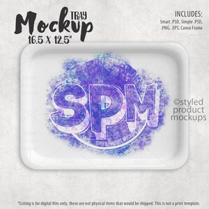 May include: White rectangular tray mockup with a purple watercolour design and the text "SPM" in the centre. The tray is 16.5 inches by 12.5 inches.