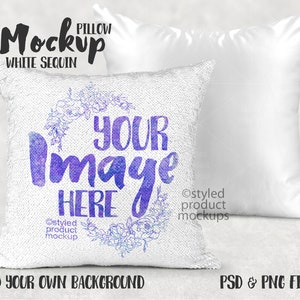 May include: White sequin pillow mockup with a floral design and the text "YOUR Image HERE".