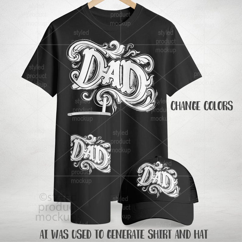Pu&ograve; includere: Una t-shirt nera a maniche corte e un cappellino da baseball nero abbinato, entrambi caratterizzati da una grafica bianca in corsivo decorativo che recita DAD. Il testo CHANGE COLORS &egrave; visibile a destra e AI WAS USED TO GENERATE SHIRT AND HAT in basso.