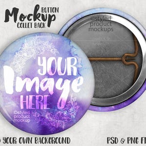 May include: A purple and white watercolor button mockup with the text "Your Image Here" and the words "BUTTON MOCKUP" and "COLLET BACK" at the top. The button is on a white background.