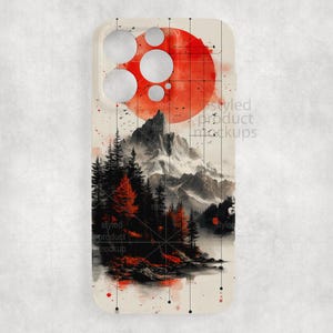 May include: A phone case featuring a mountain landscape design with a large red sun and black trees. The case has a white background with a grid pattern and the text "styled product mockups".
