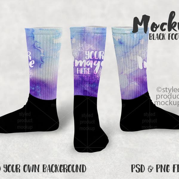 Black foot with white cuff sock mockup template| Add your own image and background