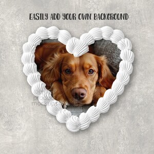 May include: A heart-shaped frame made of white frosting surrounds a golden-brown dog. The dog is lying down, looking directly at the viewer. The background is a textured gray surface. Text at the top reads "EASILY ADD YOUR OWN BACKGROUND".