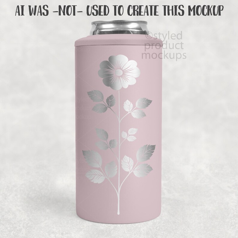 May include: A pink can cooler with a silver floral design. The design features a large flower at the top and a stem with leaves that runs down the length of the cooler. The text "AI WAS -NOT- USED TO CREATE THIS MOCKUP" is at the top.