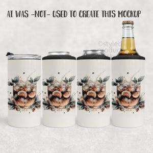 May include: A mockup showing four drink holders with a watercolour design of a cocktail with ice, lemon slices, and leaves. The holders include a tumbler with a lid, two can coolers, and a bottle cooler. The text "AI WAS -NOT- USED TO CREATE THIS MOCKUP" is at the top.