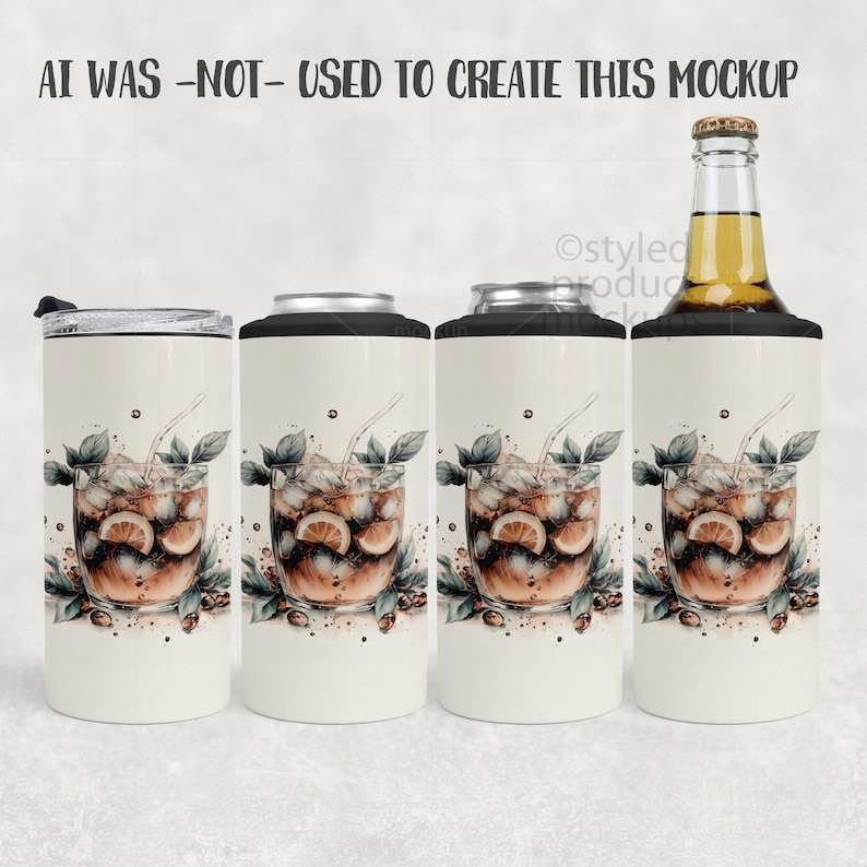 May include: A mockup showing four drink holders with a watercolour design of a cocktail with ice, lemon slices, and leaves. The holders include a tumbler with a lid, two can coolers, and a bottle cooler. The text "AI WAS -NOT- USED TO CREATE THIS MOCKUP" is at the top.
