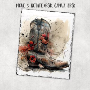 Puede incluir: Ilustraci&oacute;n en acuarela de una bota de vaquero con flores rojas y detalles decorativos. La bota es de color azul claro y beige. Incluye el texto "MOVE & ROTATE (PSD. CANVA. EPS)".