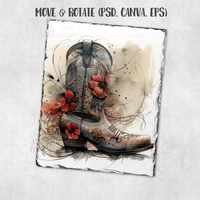 Puede incluir: Ilustraci&oacute;n en acuarela de una bota de vaquero con flores rojas y detalles decorativos. La bota es de color azul claro y beige. Incluye el texto "MOVE & ROTATE (PSD. CANVA. EPS)".