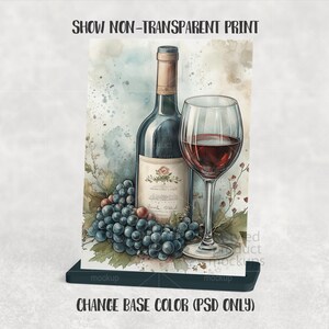 Puede incluir: Ilustraci&oacute;n en acuarela de una botella de vino, una copa llena de vino y un racimo de uvas. La botella tiene una etiqueta con detalles florales. La copa est&aacute; llena de vino tinto. El texto "SHOW NON-TRANSPARENT PRINT" y "CHANGE BASE COLOR (PSD ONLY)" son visibles.