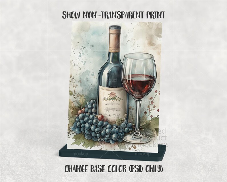 Puede incluir: Ilustraci&oacute;n en acuarela de una botella de vino, una copa llena de vino y un racimo de uvas. La botella tiene una etiqueta con detalles florales. La copa est&aacute; llena de vino tinto. El texto "SHOW NON-TRANSPARENT PRINT" y "CHANGE BASE COLOR (PSD ONLY)" son visibles.