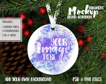 Dye sublimation round aluminum Christmas ornament mockup | Add your own image and background