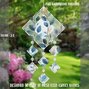 May include: A decorative wind chime with a diamond-shaped design. The wind chime features a watercolor pattern of blue leaves and geometric shapes. The text "FREE BACKGROUND INCLUDED" and "DESIGNED TO CROP TO MOST ETSY ASPECT RATIOS" are visible.