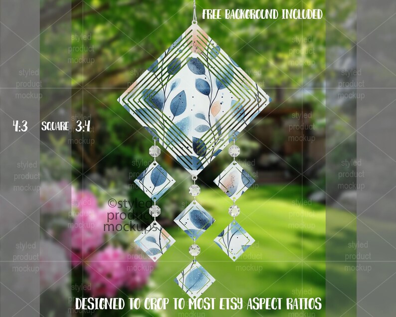 May include: A decorative wind chime with a diamond-shaped design. The wind chime features a watercolor pattern of blue leaves and geometric shapes. The text "FREE BACKGROUND INCLUDED" and "DESIGNED TO CROP TO MOST ETSY ASPECT RATIOS" are visible.