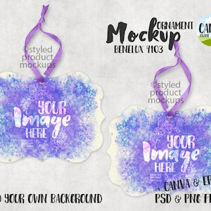 May include: Two white, rectangular, watercolor-painted ornaments with purple and blue accents. The ornaments have a hole at the top for hanging and the text "Your Image Here" is printed on each ornament.