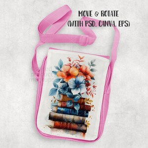 K&ouml;nnte beinhalten: Rosa Umh&auml;ngetasche mit Blumen- und Buchdesign. Die Tasche hat eine wei&szlig;e Frontplatte mit einer Aquarellillustration von orangefarbenen, blauen und wei&szlig;en Blumen auf einem Stapel von B&uuml;chern. Die Tasche hat einen rosa Riemen und Besatz.