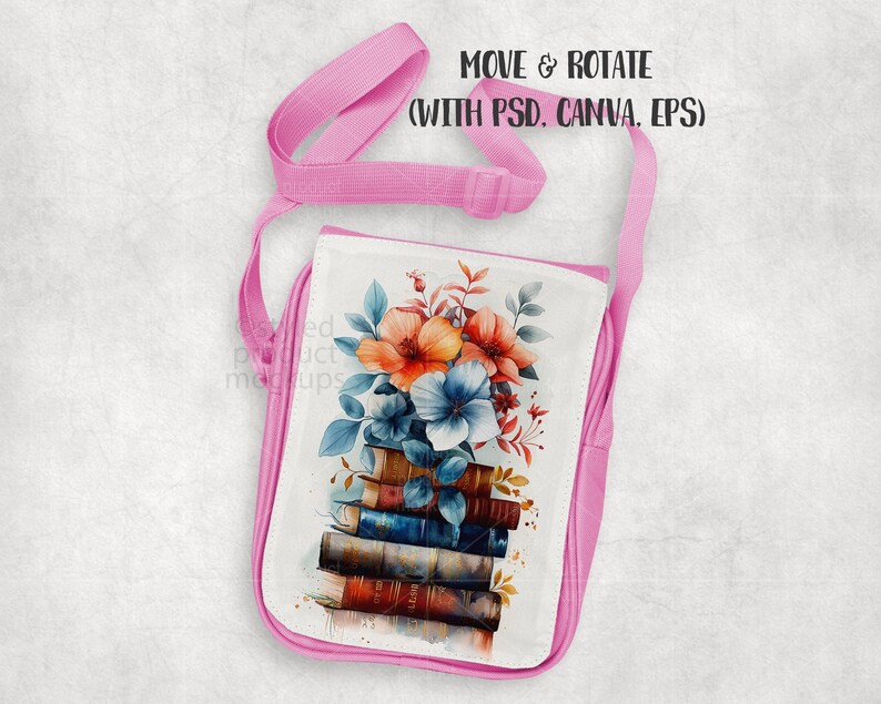 K&ouml;nnte beinhalten: Rosa Umh&auml;ngetasche mit Blumen- und Buchdesign. Die Tasche hat eine wei&szlig;e Frontplatte mit einer Aquarellillustration von orangefarbenen, blauen und wei&szlig;en Blumen auf einem Stapel von B&uuml;chern. Die Tasche hat einen rosa Riemen und Besatz.