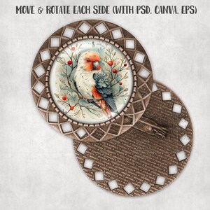 Op de afbeelding: Een ronde, bronskleurige broche met een decoratieve rand met een aquarel schilderij van een vogel op een tak met rode bessen. De tekst "MOVE & ROTATE EACH SIDE (WITH PSD. CANVA. EPS)" is zichtbaar bovenaan.