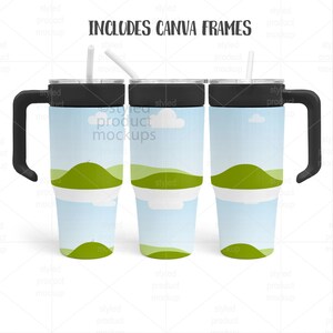 May include: Three insulated tumblers with black handles and lids, each featuring a landscape design with green hills, blue sky, and white clouds. The tumblers include a straw and the text "INCLUDES CANVA FRAMES".