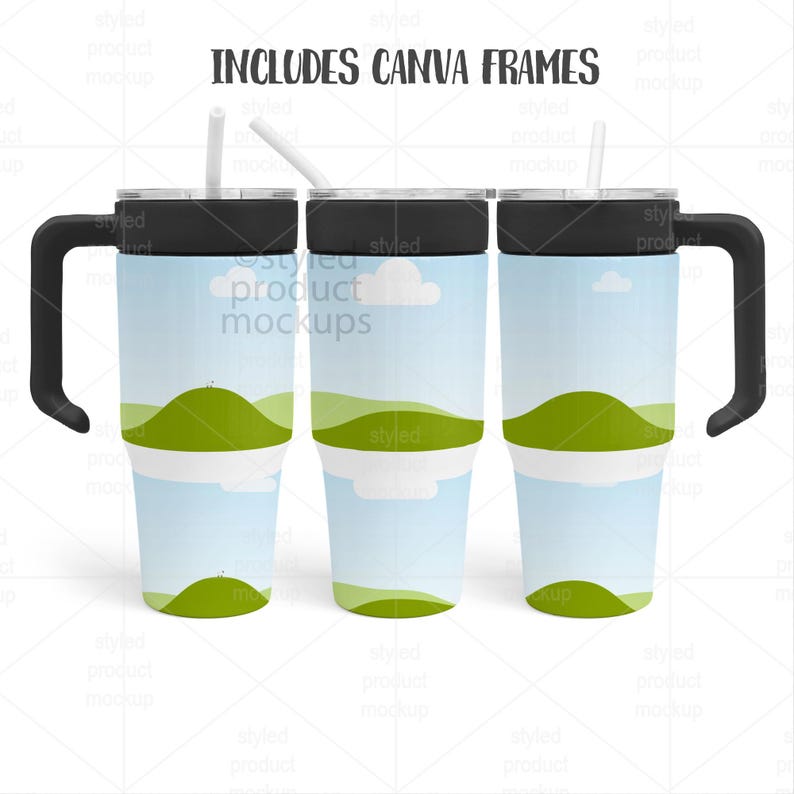 May include: Three insulated tumblers with black handles and lids, each featuring a landscape design with green hills, blue sky, and white clouds. The tumblers include a straw and the text "INCLUDES CANVA FRAMES".