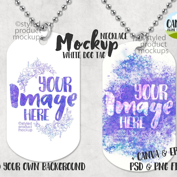 Dye sublimation White double sided dog tag with ball chain mockup | Add your own image and background | Canva Frame Mockup