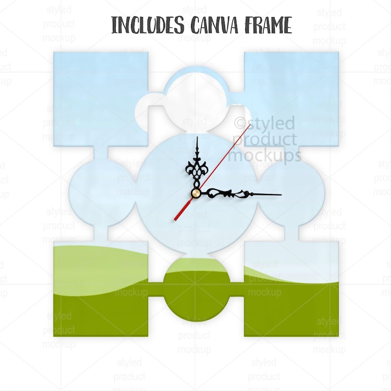 K&ouml;nnte beinhalten: Eine dekorative Wanduhr mit hellblauem und gr&uuml;nem Design. Die Uhr hat ein wei&szlig;es Zifferblatt mit schwarzen Zeigern und einem roten Sekundenzeiger. Der Text "INCLUDES CANVA FRAME" steht oben.