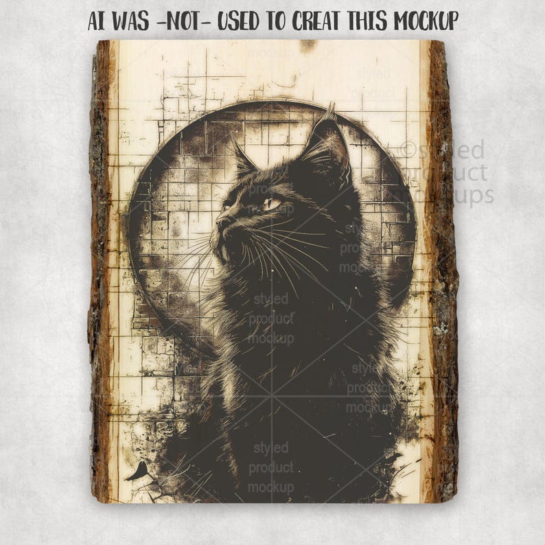 Op de afbeelding: Illustratie van een zwarte kat op een rechthoekige houten plaat met een natuurlijke schorsrand. De kat staat tegen een sepia-kleurige achtergrond met een cirkelvormig ontwerp. De tekst "AI WAS -NOT- USED TO CREAT THIS MOCKUP" staat bovenaan.