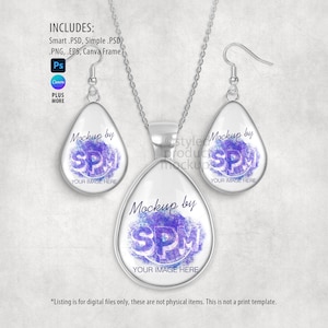 May include: A silver necklace and earring set with teardrop-shaped pendants. Each pendant features a white background with a purple design and the text "Mockup by SPM" and "YOUR IMAGE HERE". The image also includes text about the digital files.