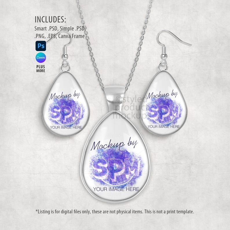 May include: A silver necklace and earring set with teardrop-shaped pendants. Each pendant features a white background with a purple design and the text "Mockup by SPM" and "YOUR IMAGE HERE". The image also includes text about the digital files.