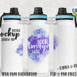 Dye sublimation 32oz screw top water bottle Mockup | Add your own image and background | Canva frame Mockup