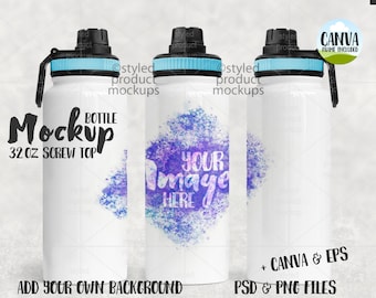 Dye sublimation 32oz screw top water bottle Mockup | Add your own image and background | Canva frame Mockup