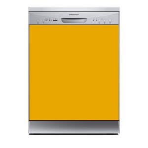 Puede incluir: Un lavavajillas independiente con un panel frontal de color amarillo mostaza vibrante. El panel de control superior es plateado con un asa central, botones circulares y el nombre de la marca Robinhood impreso en negro.