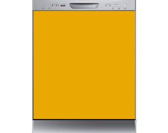 May include: A freestanding dishwasher featuring a vibrant mustard yellow front panel. The top control panel is silver with a central handle, circular buttons, and the Robinhood brand name printed in black text above the handle.