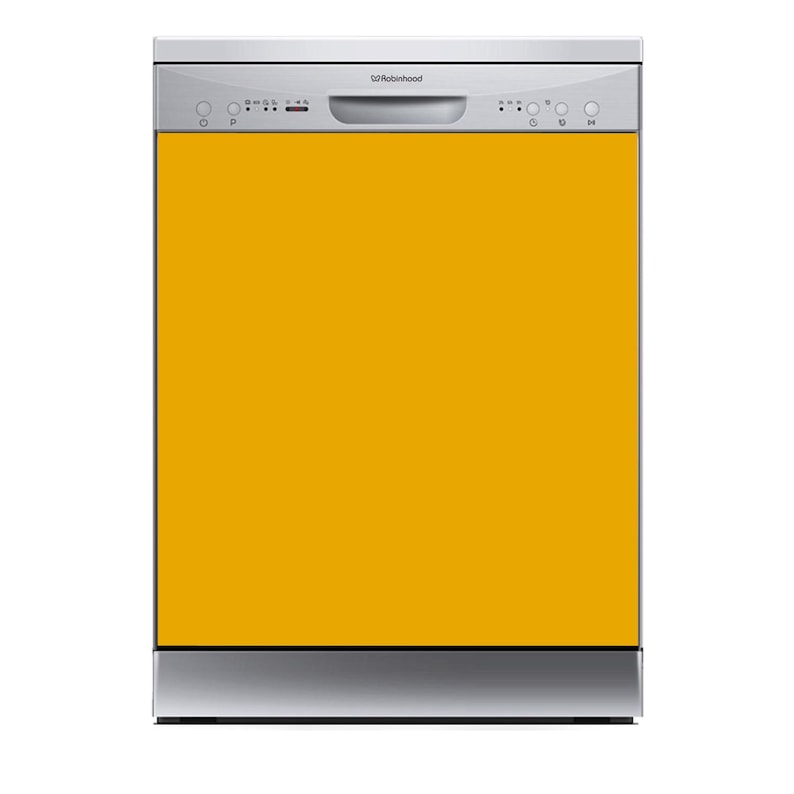 Puede incluir: Un lavavajillas independiente con un panel frontal de color amarillo mostaza vibrante. El panel de control superior es plateado con un asa central, botones circulares y el nombre de la marca Robinhood impreso en negro.