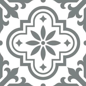 May include: A repeating pattern of gray and white decorative tiles. Each tile features a central floral design surrounded by a quatrefoil shape and smaller floral and geometric elements. The design is symmetrical and suitable for various decorative applications.