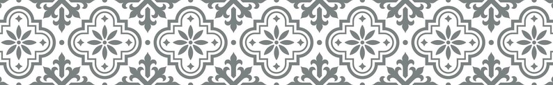 May include: A repeating pattern of gray and white decorative tiles. Each tile features a central floral design surrounded by a quatrefoil shape and smaller floral and geometric elements. The design is symmetrical and suitable for various decorative applications.