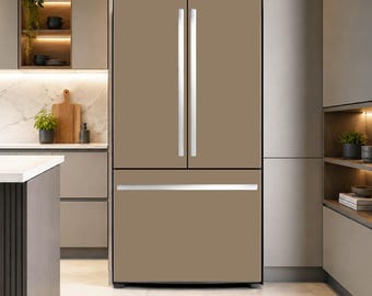 May include: A matte taupe French door refrigerator featuring two vertical silver handles on the upper doors and one horizontal silver handle on the bottom freezer drawer, integrated into a modern kitchen cabinetry wall with clean lines.