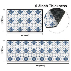 May include: Rectangular patterned rug with a white background and blue floral designs. The rug is 20 inches (50cm) wide and available in 32 inches (80cm) and 60 inches (150cm) lengths. The thickness is 0.3 inches.