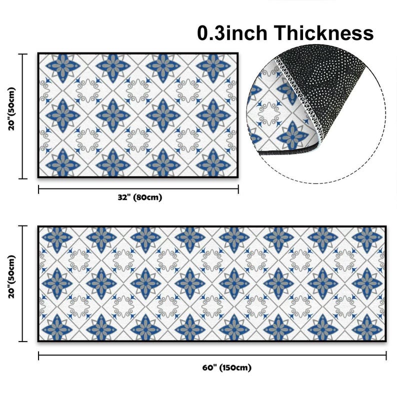 May include: Rectangular patterned rug with a white background and blue floral designs. The rug is 20 inches (50cm) wide and available in 32 inches (80cm) and 60 inches (150cm) lengths. The thickness is 0.3 inches.
