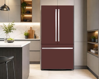 May include: A dark maroon French door refrigerator featuring two vertical doors with long, slim silver handles and a single bottom freezer drawer with a horizontal silver handle, presenting a smooth, matte finish on all exterior surfaces.