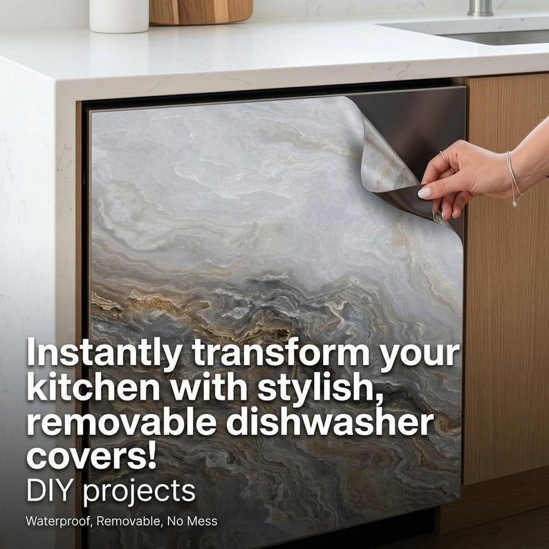 May include: A dishwasher cover with a marble-like design in shades of gray, brown, and white is being applied. The text on the cover reads: "Instantly transform your kitchen with stylish, removable dishwasher covers! DIY projects. Waterproof, Removable, No Mess."
