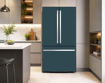 May include: A dark teal French door refrigerator with a bottom freezer drawer and long, vertical silver handles on the top doors and a horizontal silver handle on the bottom drawer, set against a neutral-toned kitchen cabinetry background.