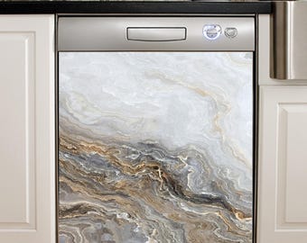 Puede incluir: Un lavavajillas con un panel frontal decorativo. El panel presenta un diseño tipo mármol con patrones arremolinados en blanco, gris y marrón. El lavavajillas tiene un panel de control de acero inoxidable.