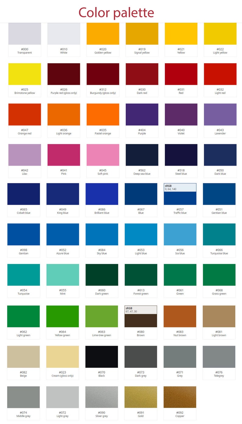May include: A color palette chart with a variety of hues, including yellows, reds, blues, greens, and neutrals. Each color is displayed in a small square with a corresponding number and name. The text "Color palette" is at the top.