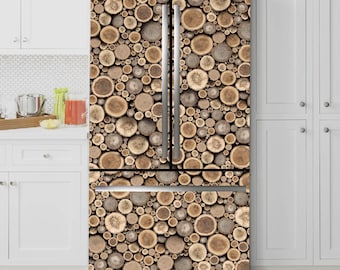 May include: A refrigerator with a wood slice design. The front of the refrigerator is covered in a pattern of various sized, circular wood slices in shades of brown and tan. The refrigerator has stainless steel handles.